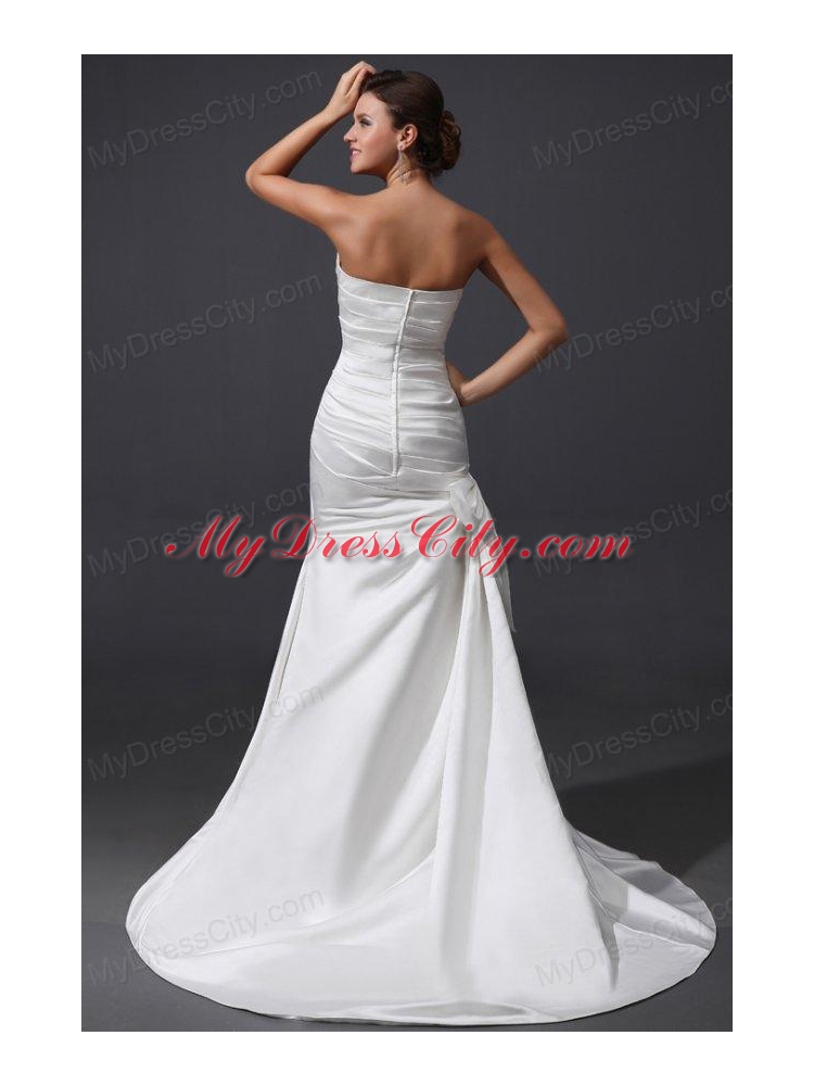 Column Sweetheart Brush Train Bowknot and Ruching Wedding Dress