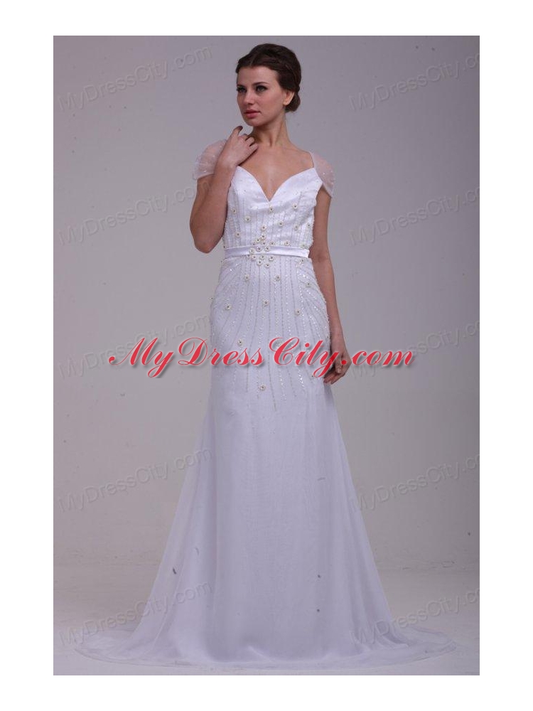 Column V-Neck Beading Brush Train Chiffon Wedding Dress