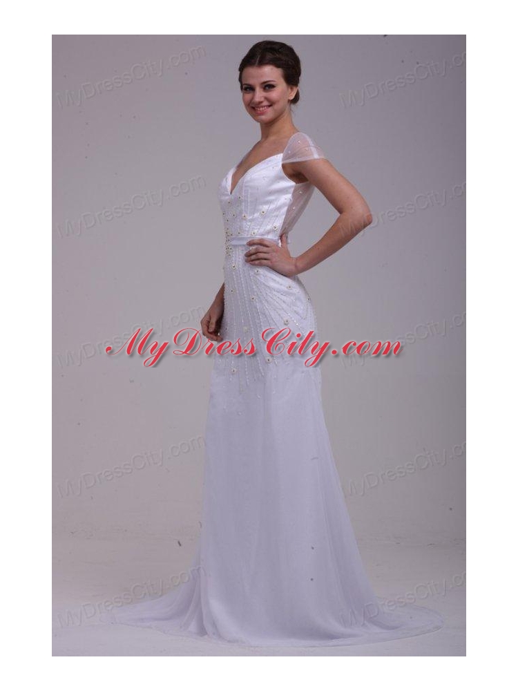 Column V-Neck Beading Brush Train Chiffon Wedding Dress