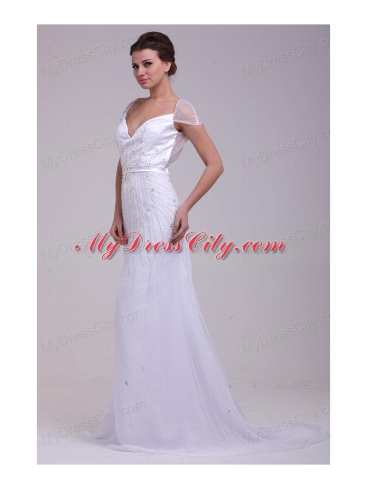 Column V-Neck Beading Brush Train Chiffon Wedding Dress