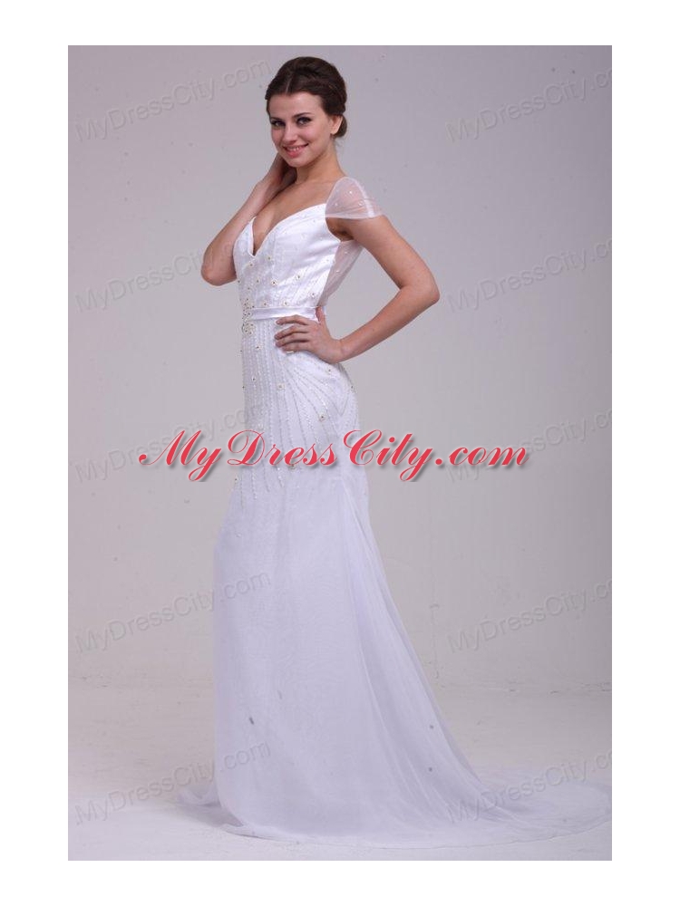 Column V-Neck Beading Brush Train Chiffon Wedding Dress