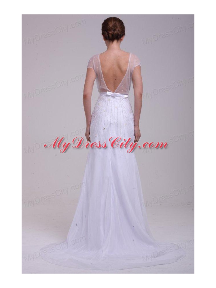 Column V-Neck Beading Brush Train Chiffon Wedding Dress