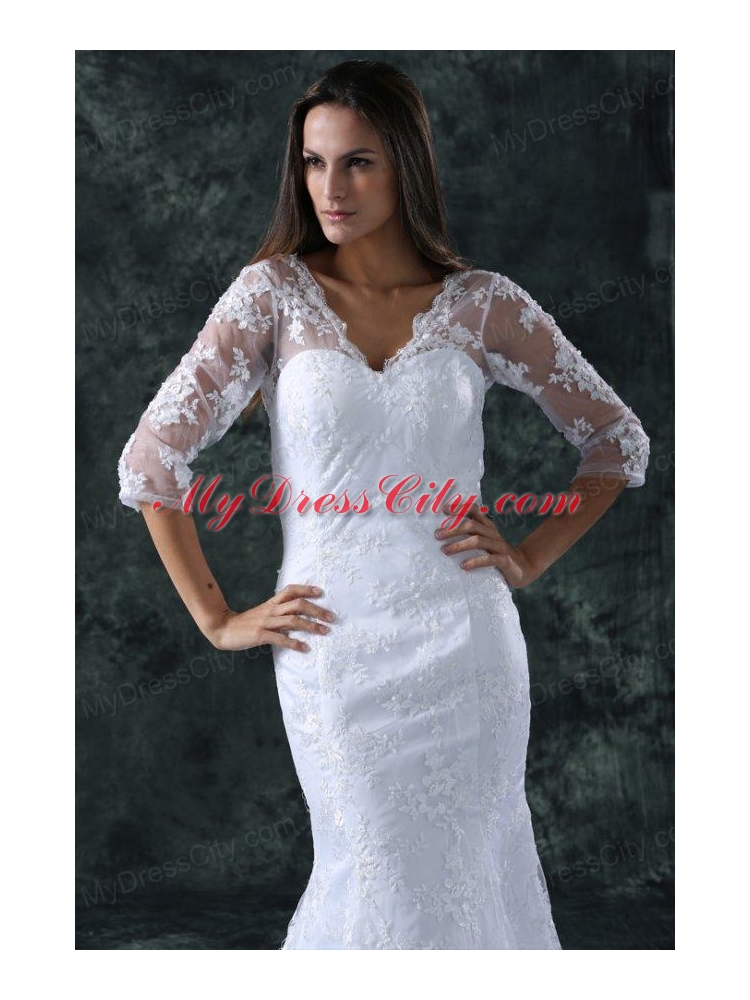 Column V-Neck Brush Train Appliques Lace Wedding Dress with Half Sleeves