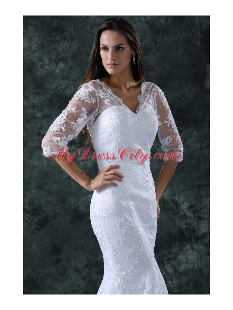 Column V-Neck Brush Train Appliques Lace Wedding Dress with Half Sleeves