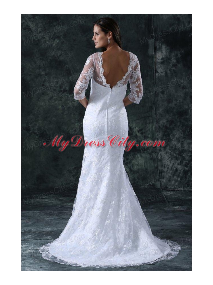 Column V-Neck Brush Train Appliques Lace Wedding Dress with Half Sleeves