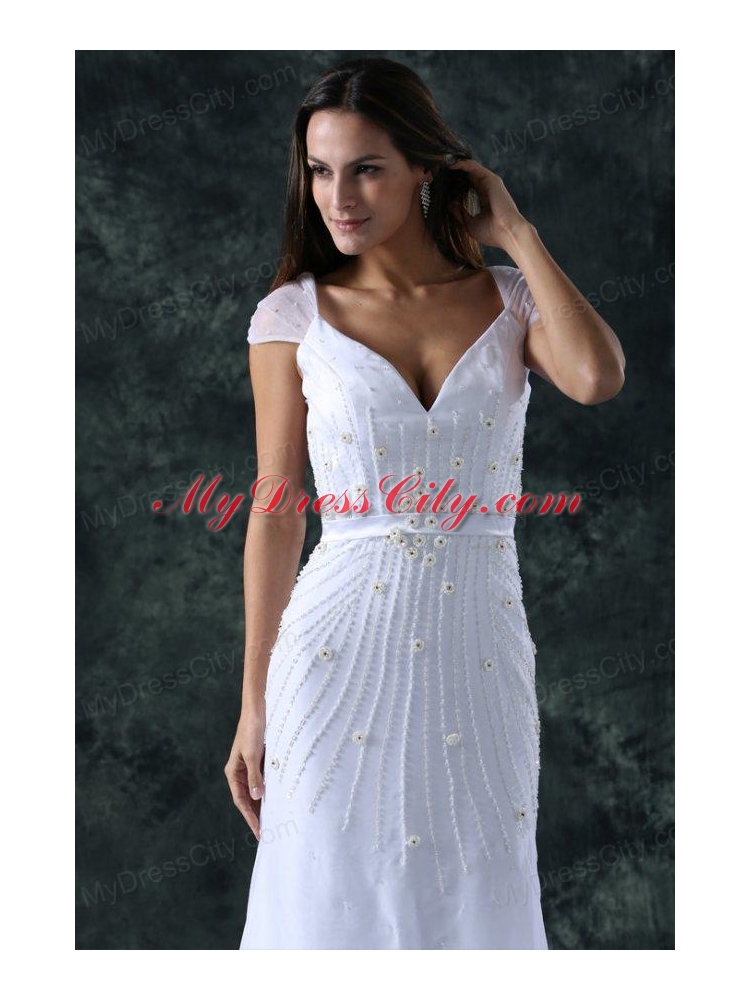 Column V-Neck Cap Sleeves Brush Train Zipper Up Chiffon Wedding Dress