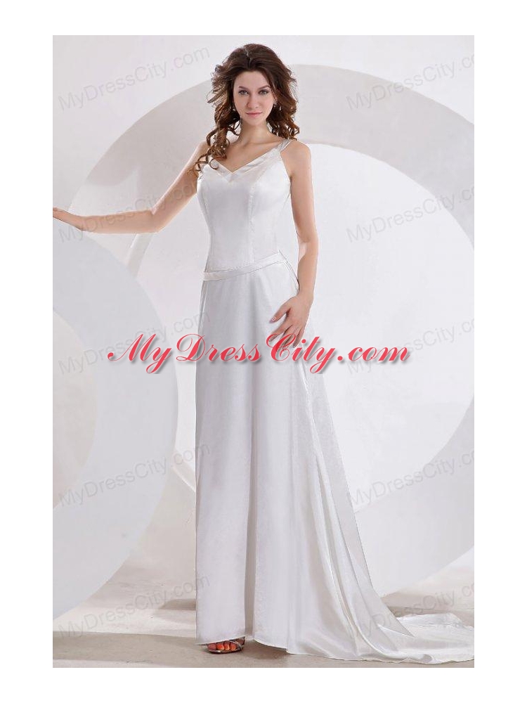 Fashionable Column V-Neck Brush Train Ruching Wedding Dress