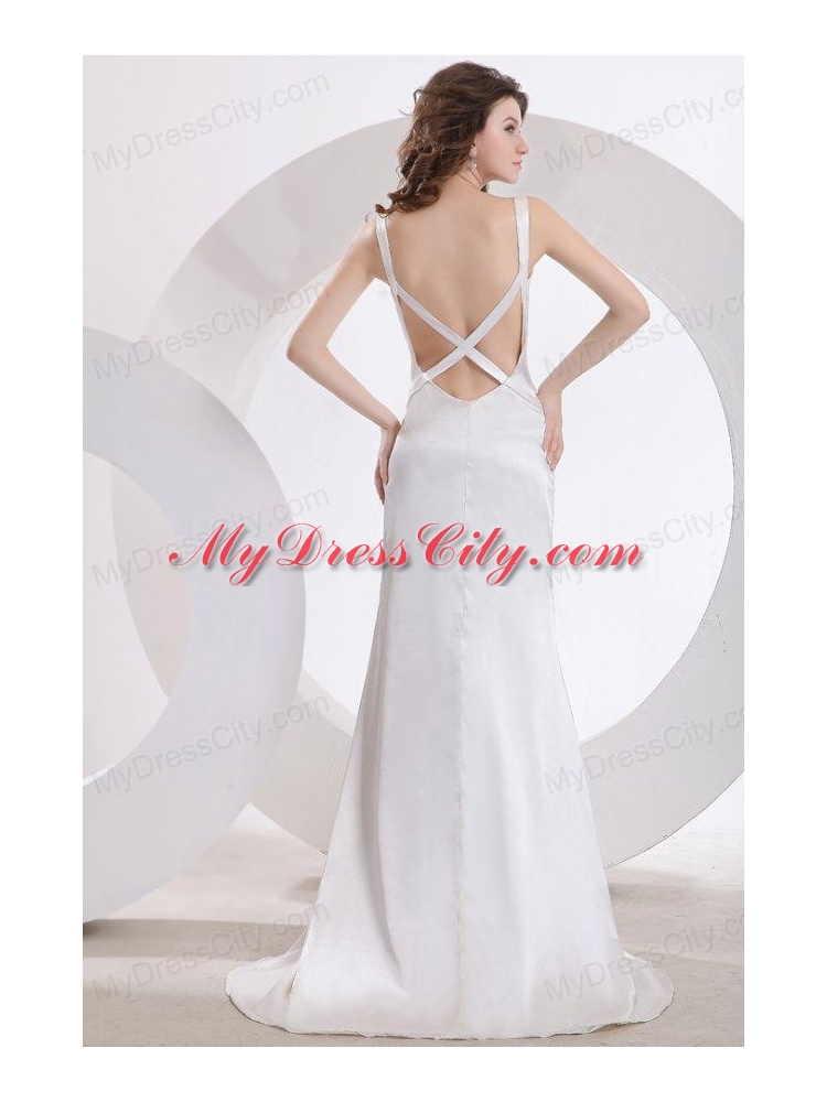 Fashionable Column V-Neck Brush Train Ruching Wedding Dress