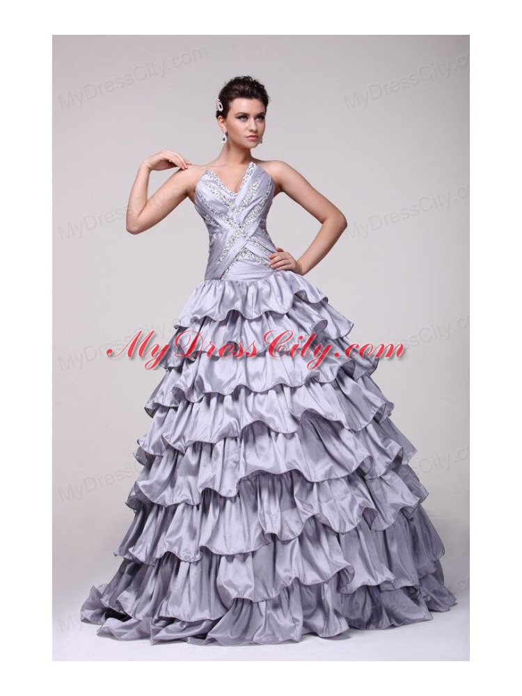 Lavender V-neck Beading and Ruffles Layered Quinceanera Dress