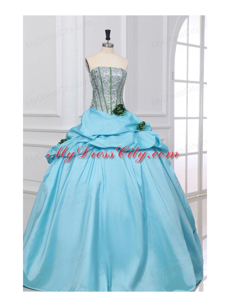 Light Blue Strapless Sequins and Taffeta Quinceanera Dress with Flowers