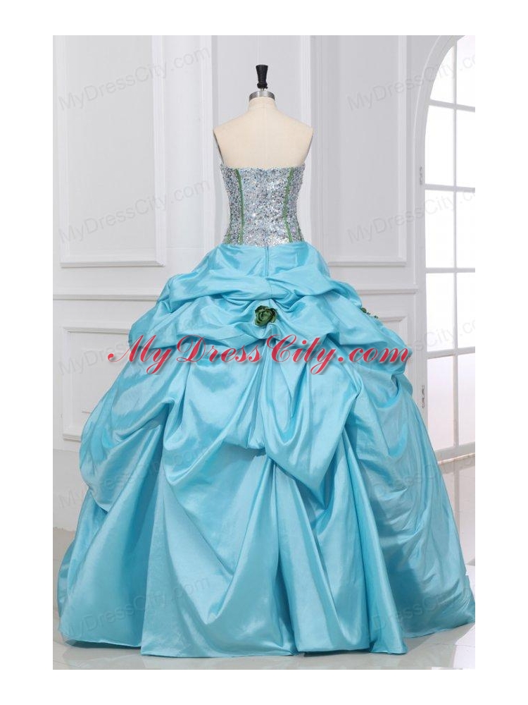 Light Blue Strapless Sequins and Taffeta Quinceanera Dress with Flowers