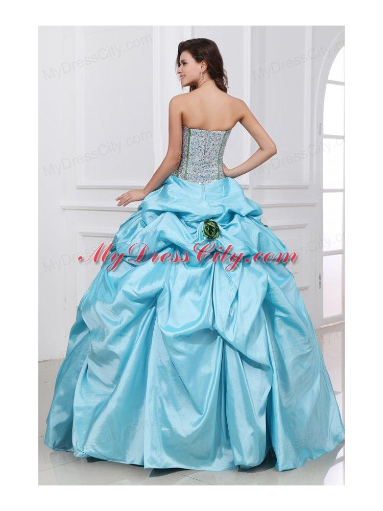 Light Blue Strapless Sequins and Taffeta Quinceanera Dress with Flowers