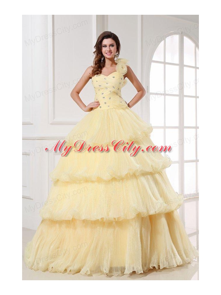 Light Yellow One Shoulder Beading and Pleats A-line Quinceanera Dress