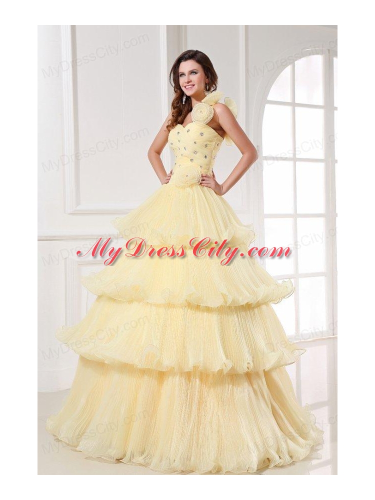 Light Yellow One Shoulder Beading and Pleats A-line Quinceanera Dress