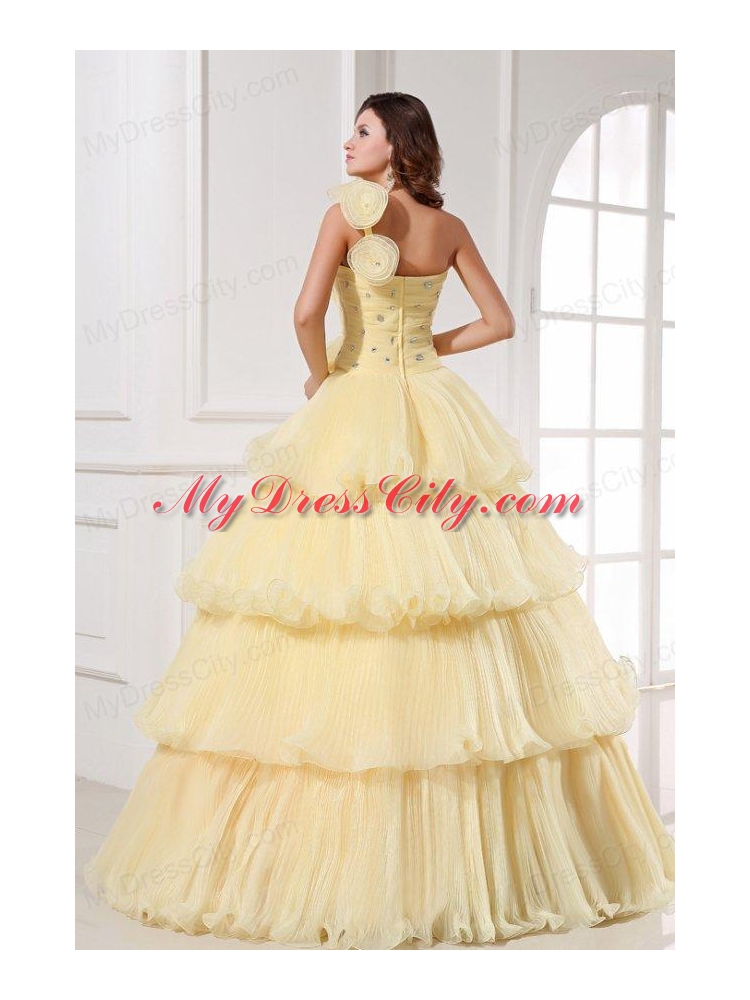 Light Yellow One Shoulder Beading and Pleats A-line Quinceanera Dress