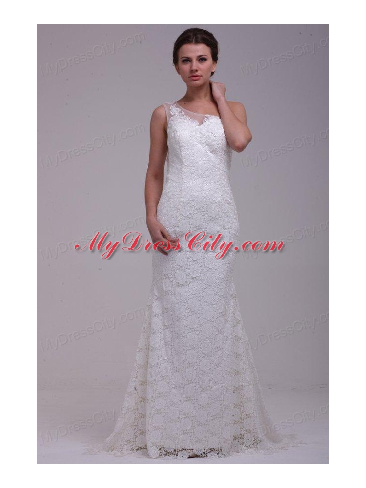 One Shoulder Column Lace Organza Brush Train Wedding Dress