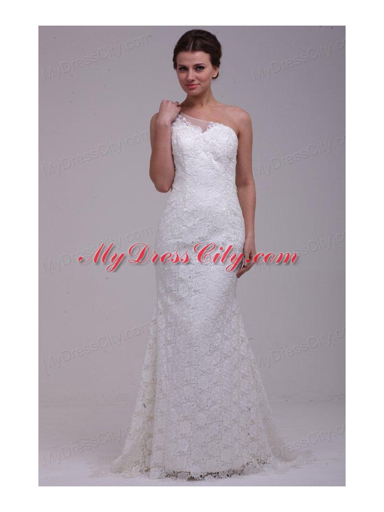 One Shoulder Column Lace Organza Brush Train Wedding Dress