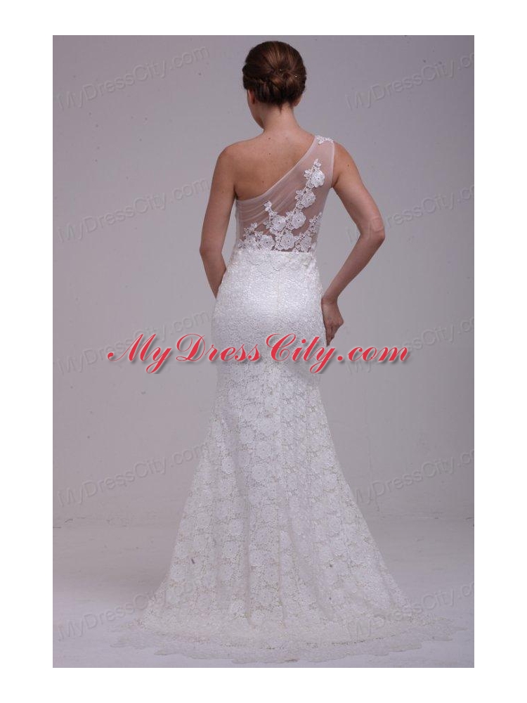 One Shoulder Column Lace Organza Brush Train Wedding Dress