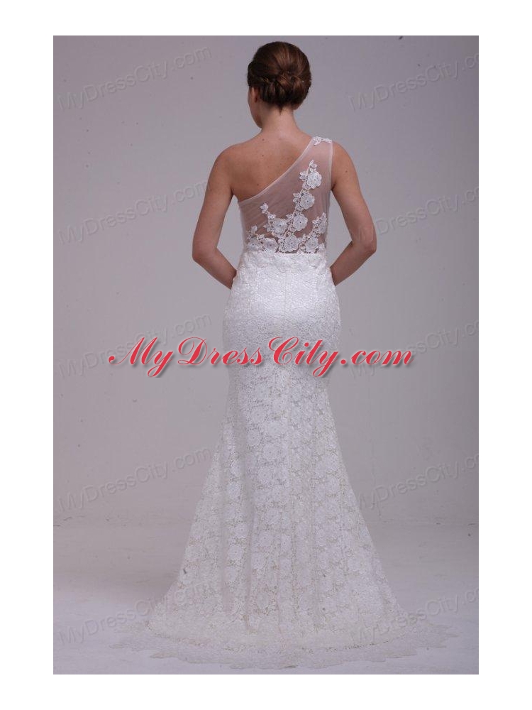 One Shoulder Column Lace Organza Brush Train Wedding Dress