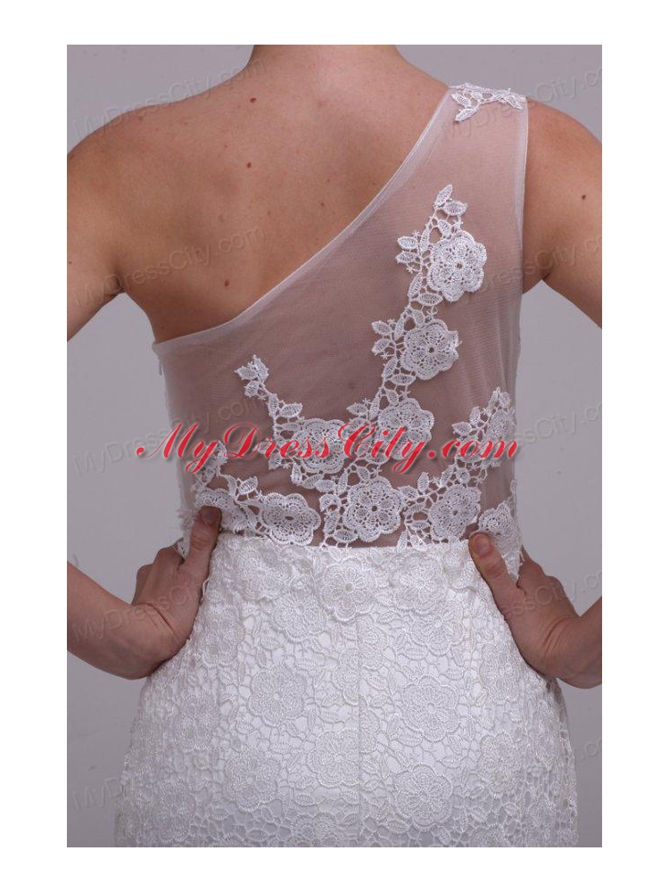 One Shoulder Column Lace Organza Brush Train Wedding Dress