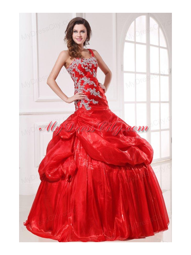 One Shoulder Red Organza Long Quinceanera Dress with Appliques