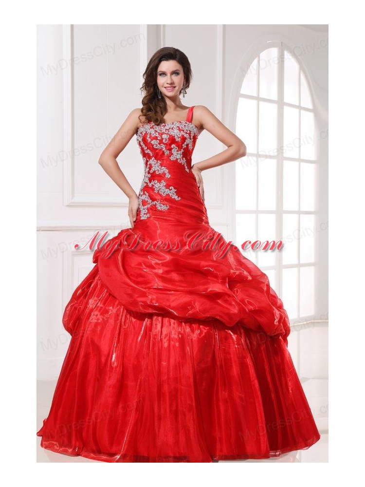 One Shoulder Red Organza Long Quinceanera Dress with Appliques