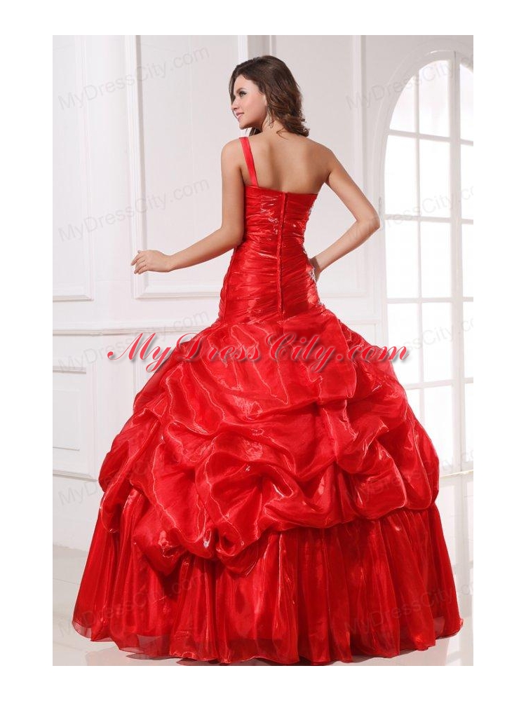 One Shoulder Red Organza Long Quinceanera Dress with Appliques