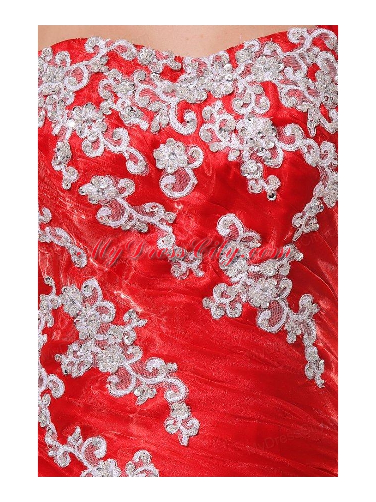 One Shoulder Red Organza Long Quinceanera Dress with Appliques