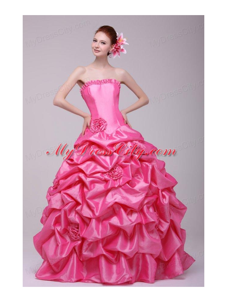 Rose Pink Strapless Hand Made Flowers and Pick-ups Quinceanera  Dress