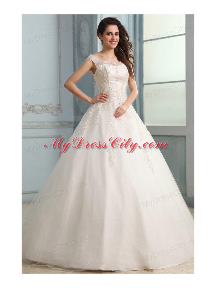 Scoop Ball Gown Champagne Appliques and Beading Floor-length Wedding Dress