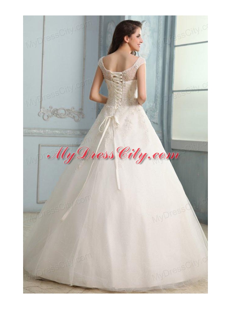 Scoop Ball Gown Champagne Appliques and Beading Floor-length Wedding Dress