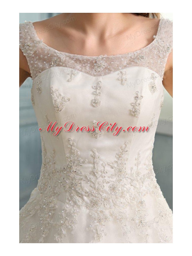 Scoop Ball Gown Champagne Appliques and Beading Floor-length Wedding Dress