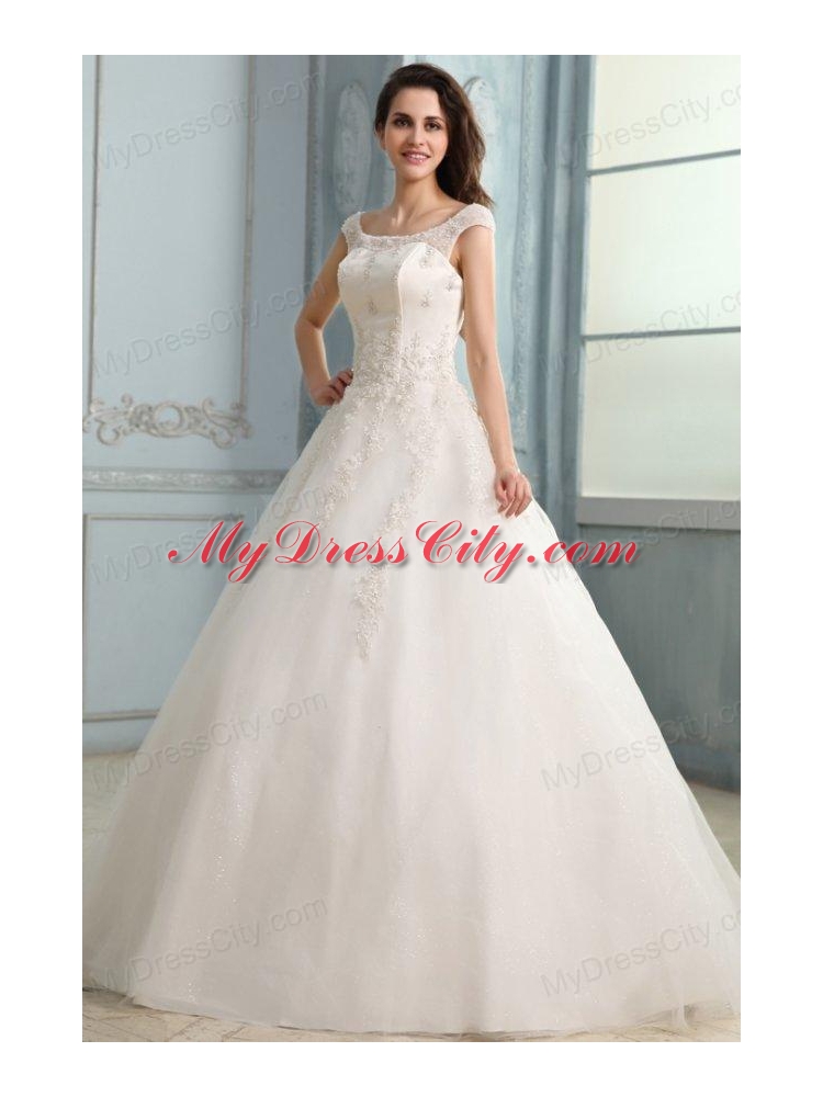 Scoop Ball Gown Champagne Appliques and Beading Floor-length Wedding Dress