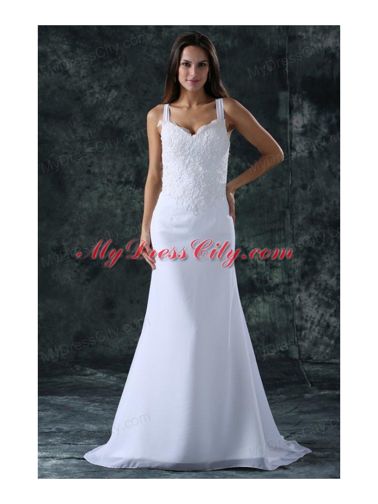 Simple Column Straps Chiffon Brush Train Lace Zipper Up Wedding Dress