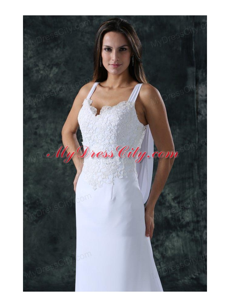 Simple Column Straps Chiffon Brush Train Lace Zipper Up Wedding Dress