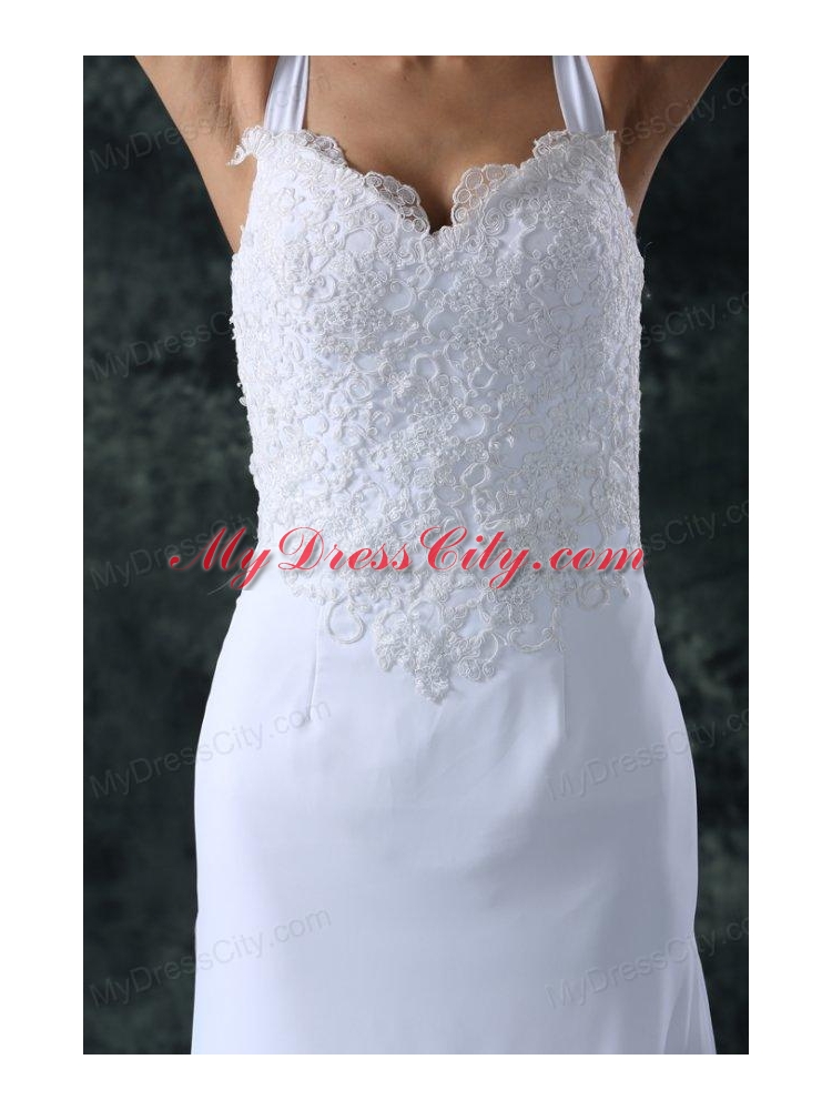 Simple Column Straps Chiffon Brush Train Lace Zipper Up Wedding Dress