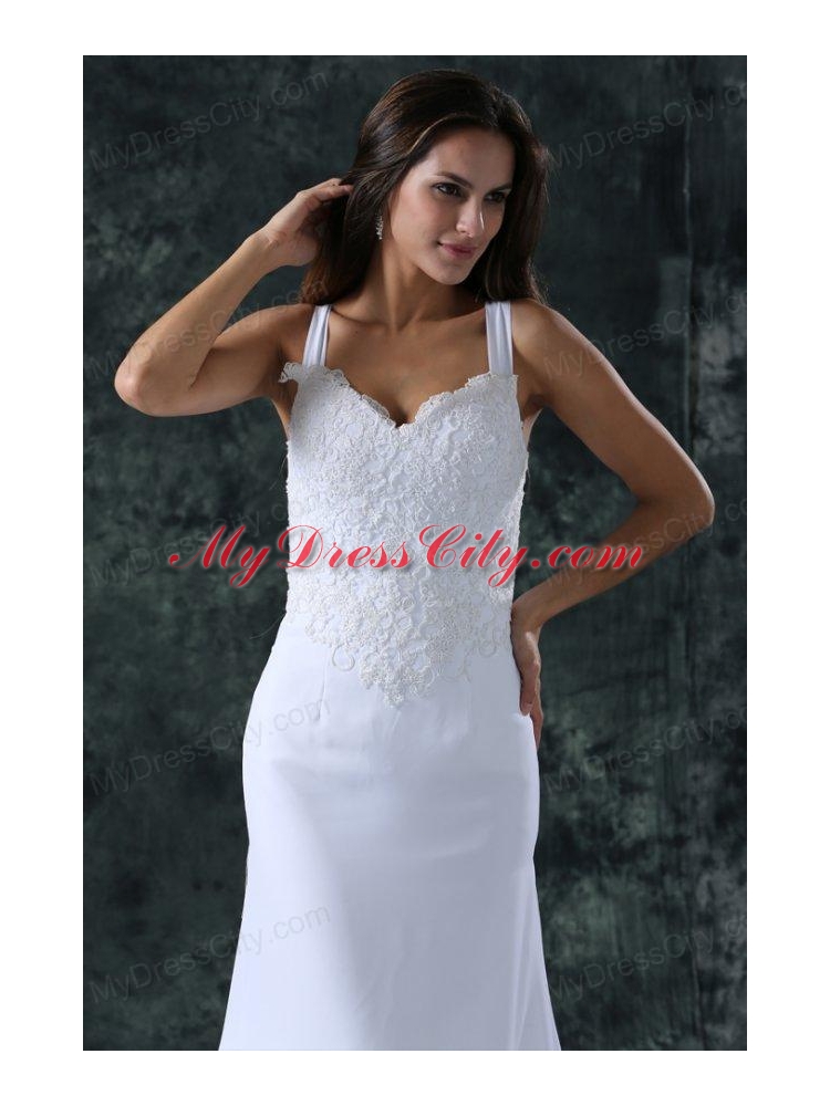 Simple Column Straps Chiffon Brush Train Lace Zipper Up Wedding Dress