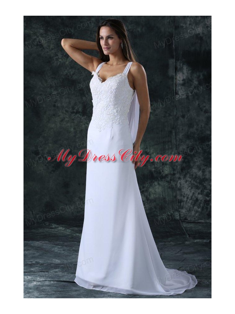 Simple Column Straps Chiffon Brush Train Lace Zipper Up Wedding Dress