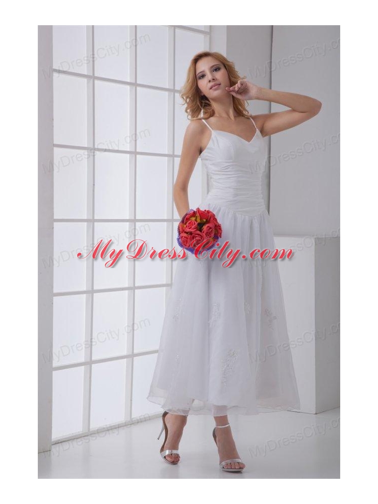 Simple Spaghetti Straps Ankle-length A-line Wedding Dress with Ruches