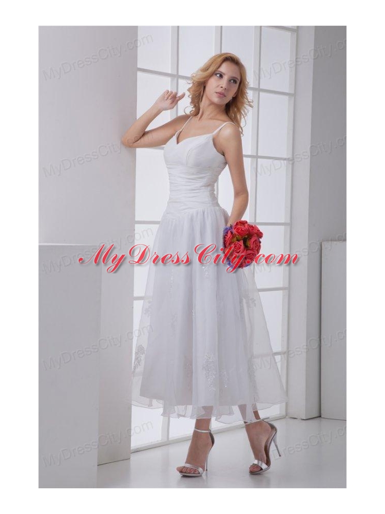 Simple Spaghetti Straps Ankle-length A-line Wedding Dress with Ruches