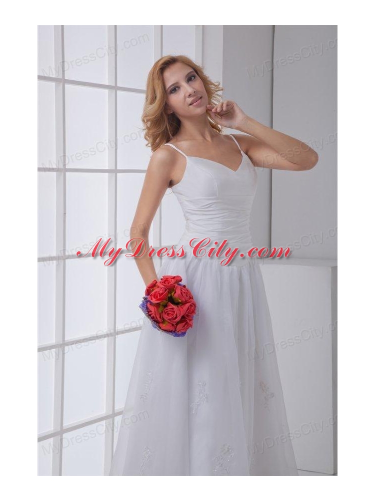 Simple Spaghetti Straps Ankle-length A-line Wedding Dress with Ruches