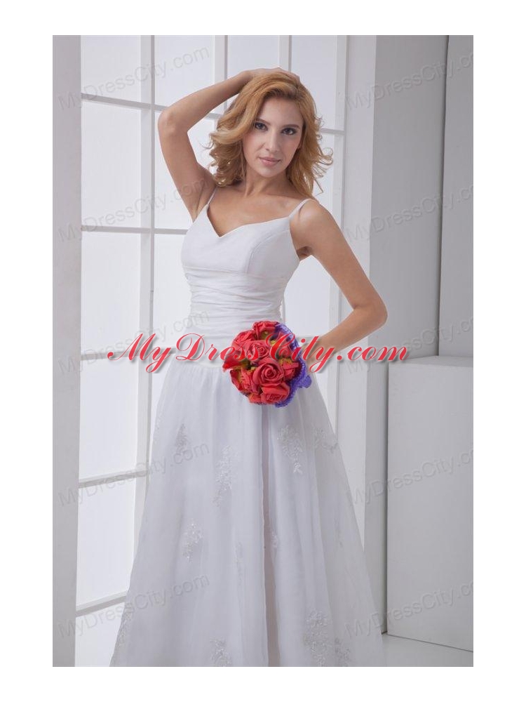 Simple Spaghetti Straps Ankle-length A-line Wedding Dress with Ruches