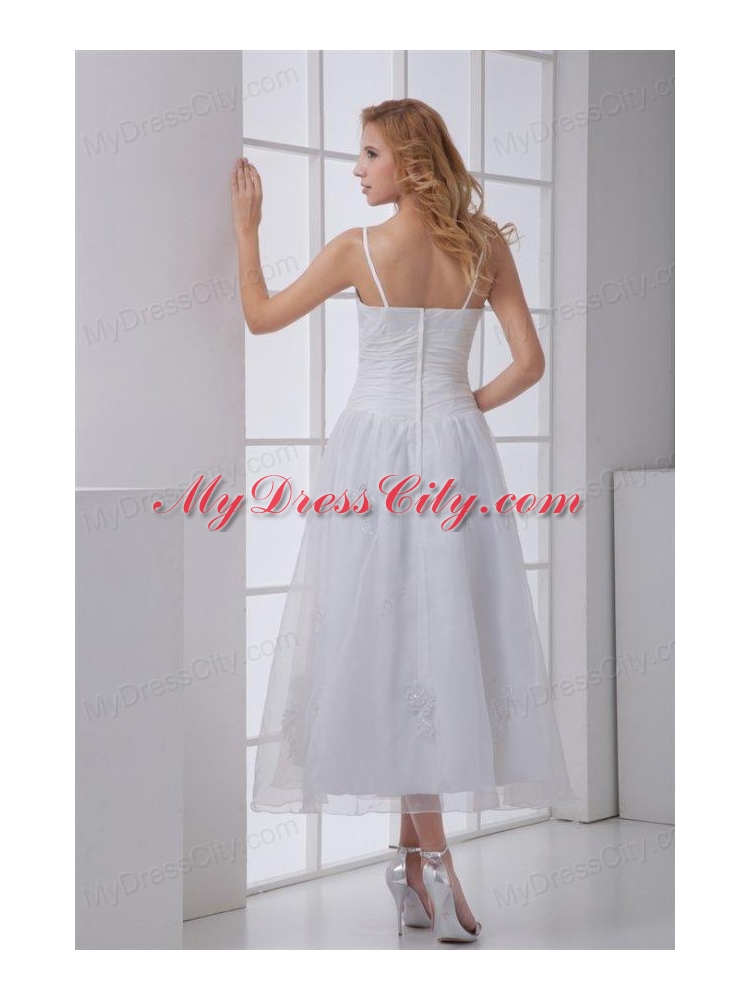 Simple Spaghetti Straps Ankle-length A-line Wedding Dress with Ruches