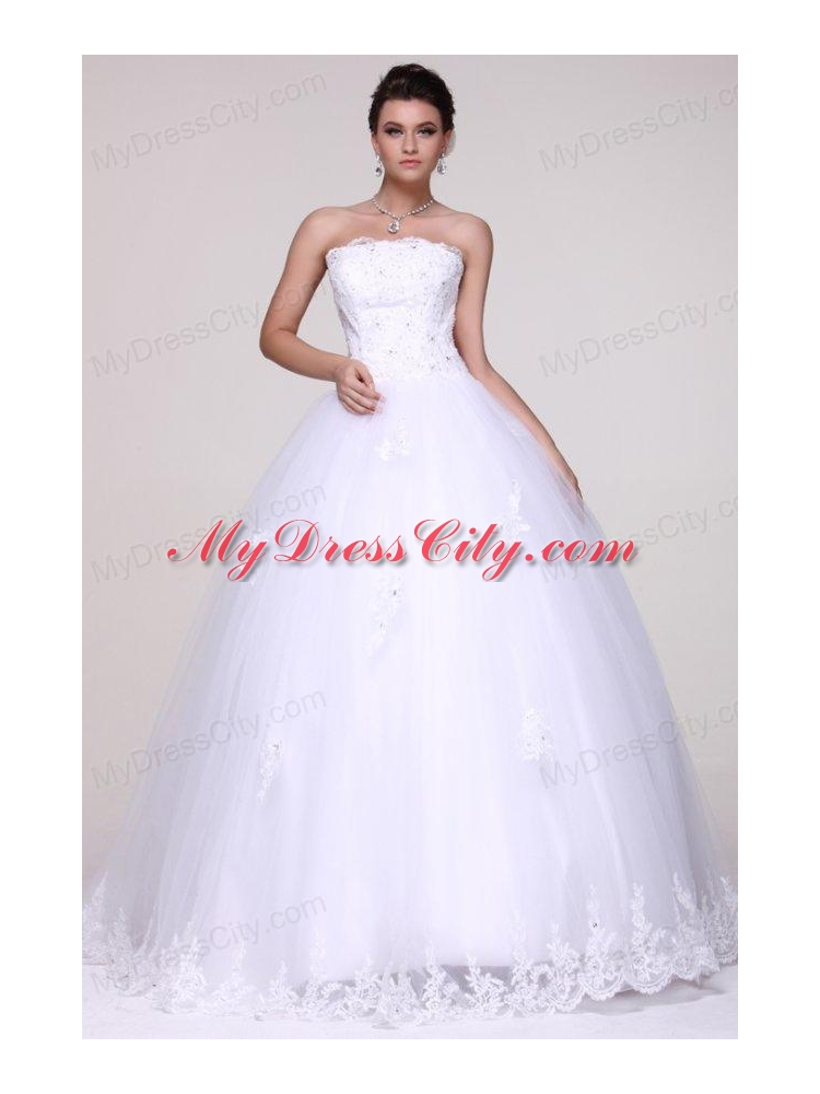 Strapless Ball Gown Lace Appliques Floor-length Wedding Dress