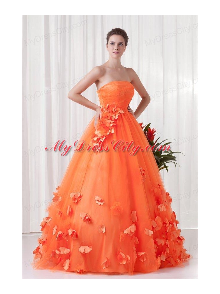 Strapless Orange Red A-line Quinceanera Dress with Hand Made Flowers