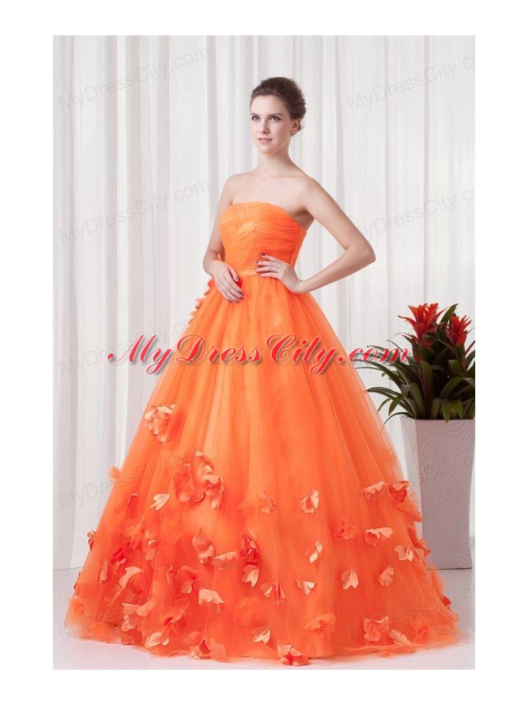 Strapless Orange Red A-line Quinceanera Dress with Hand Made Flowers