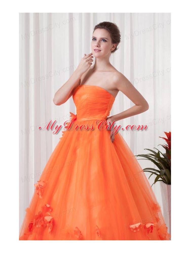 Strapless Orange Red A-line Quinceanera Dress with Hand Made Flowers