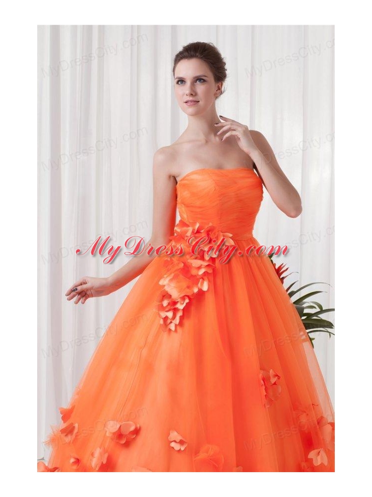 Strapless Orange Red A-line Quinceanera Dress with Hand Made Flowers