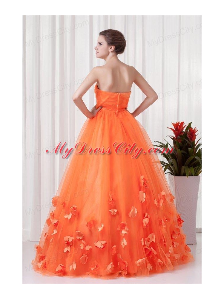 Strapless Orange Red A-line Quinceanera Dress with Hand Made Flowers