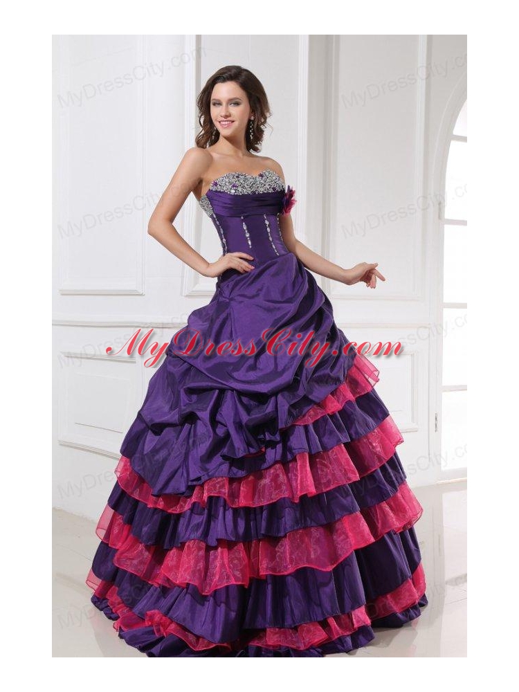 Sweetheart Beading and Flowers Quinceanera Dress in Red and Purple